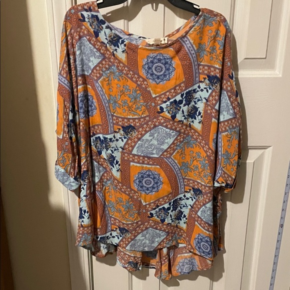 Easel Los Angeles Tops - Bohemian Patchwork Blouse in Orange and Blue